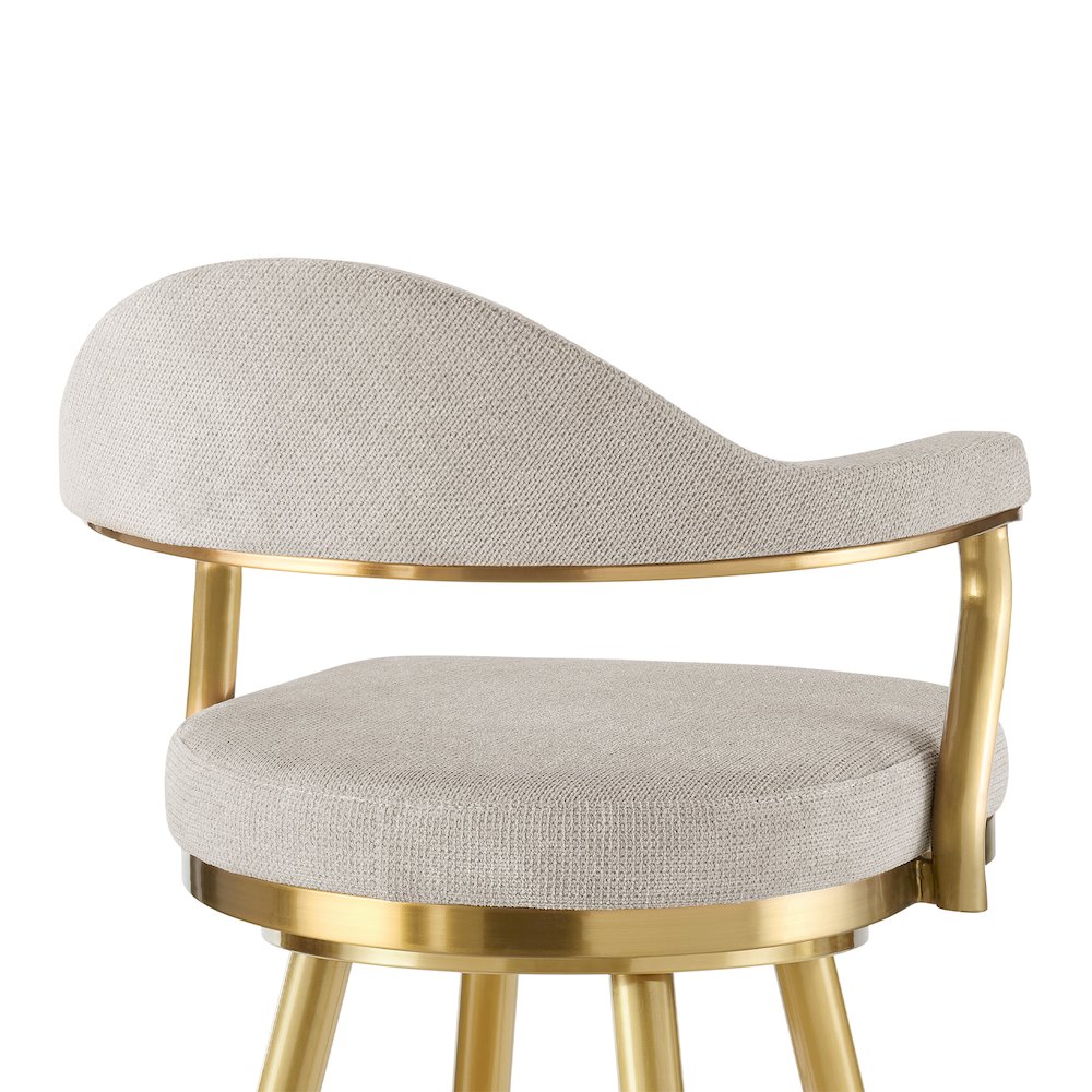 Justin 30" Swivel Bar Stool with Gold Brushed Stainless Steel and Taupe Fabric. Picture 5