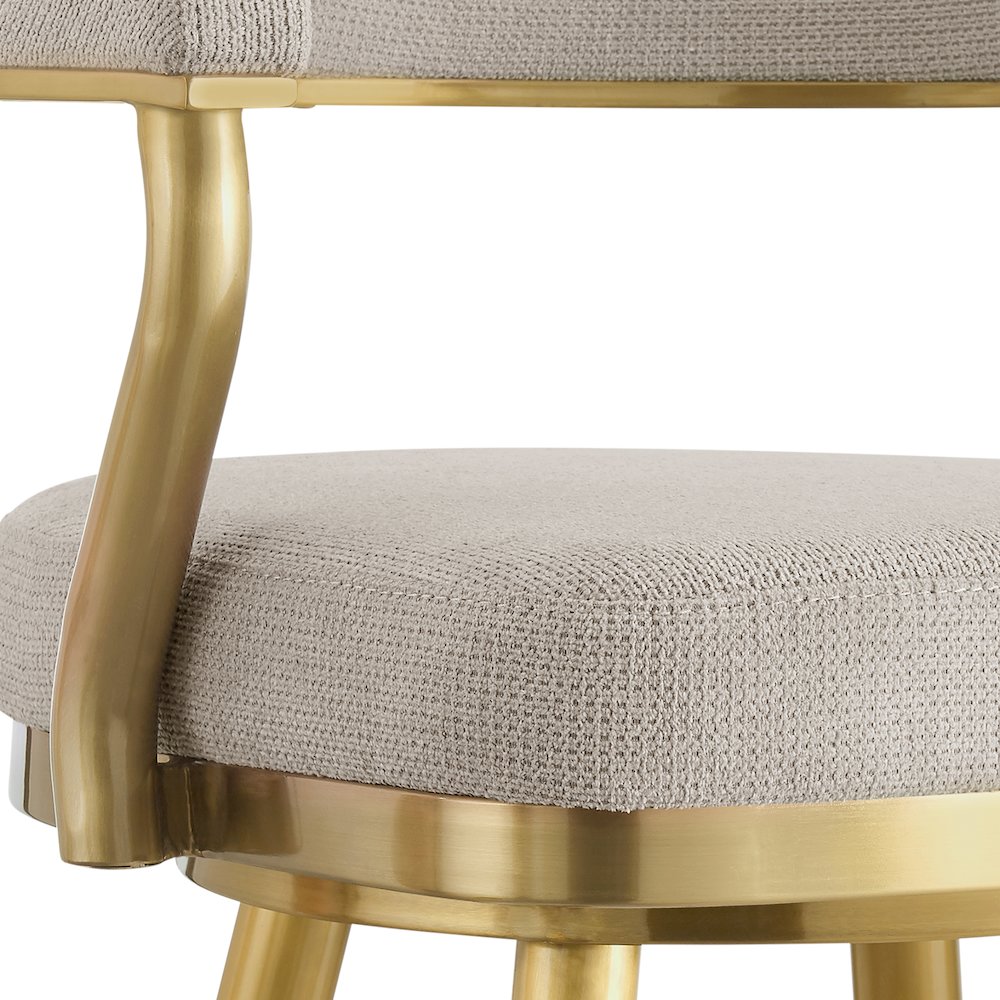 Justin 30" Swivel Bar Stool with Gold Brushed Stainless Steel and Taupe Fabric. Picture 6