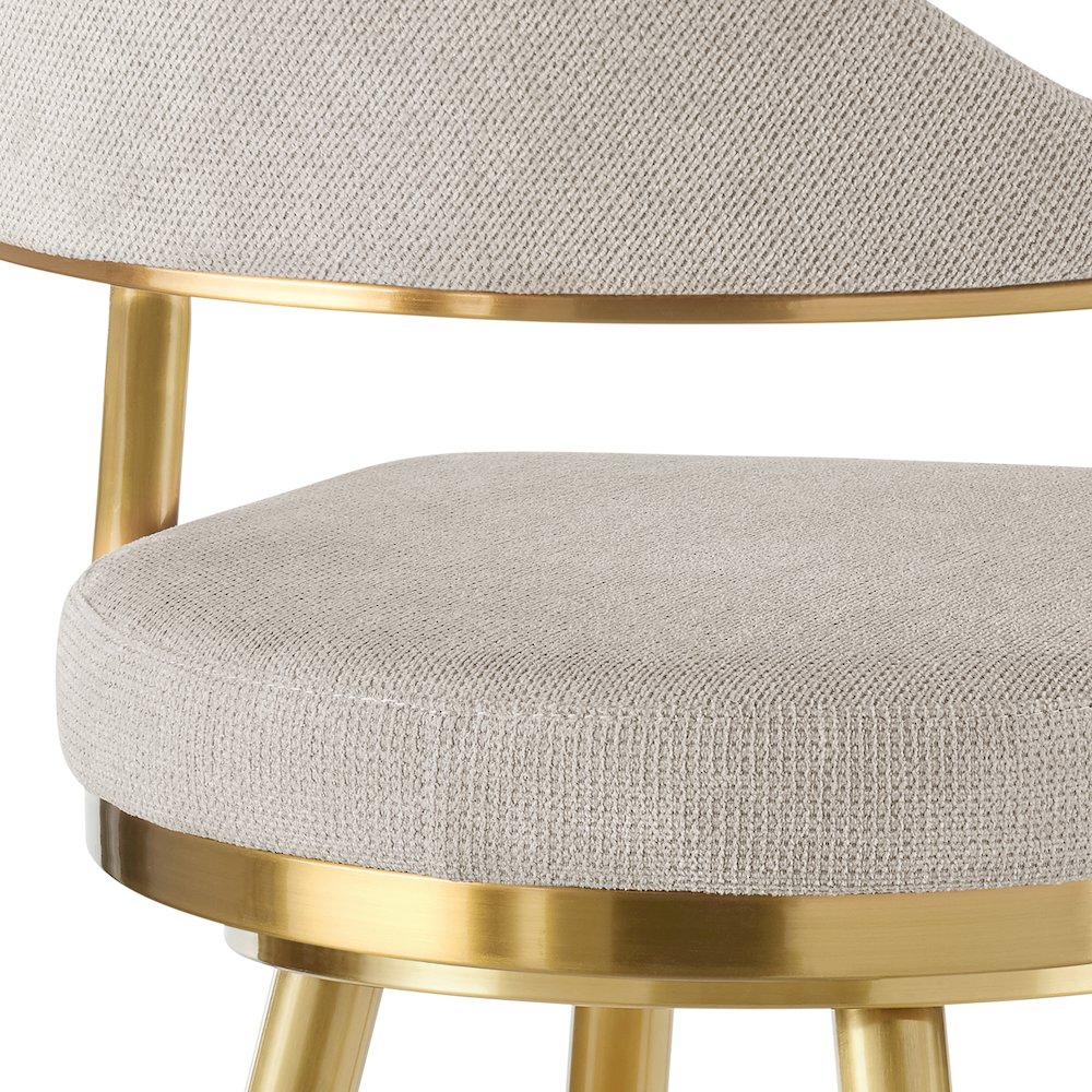 Justin 30" Swivel Bar Stool with Gold Brushed Stainless Steel and Taupe Fabric. Picture 7