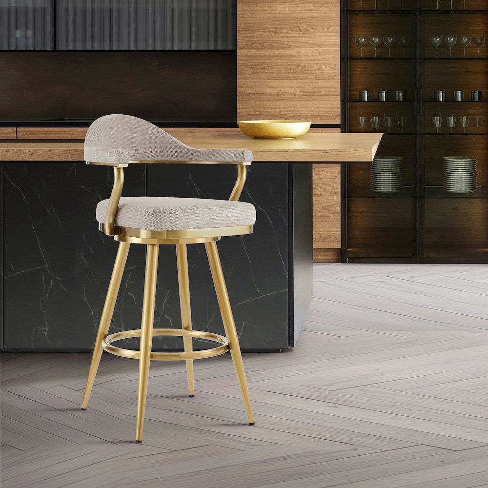 Justin 30" Swivel Bar Stool with Gold Brushed Stainless Steel and Taupe Fabric. Picture 10