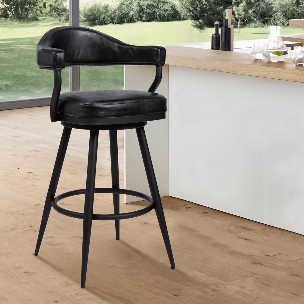 Justin 26" Counter Height Barstool in a Black Powder Coated Finish and Vintage Black Faux Leather. Picture 6