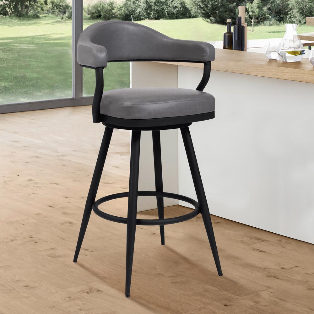 Justin 30" Bar Height Barstool in a Black Powder Coated Finish and Vintage Grey Faux Leather. Picture 6