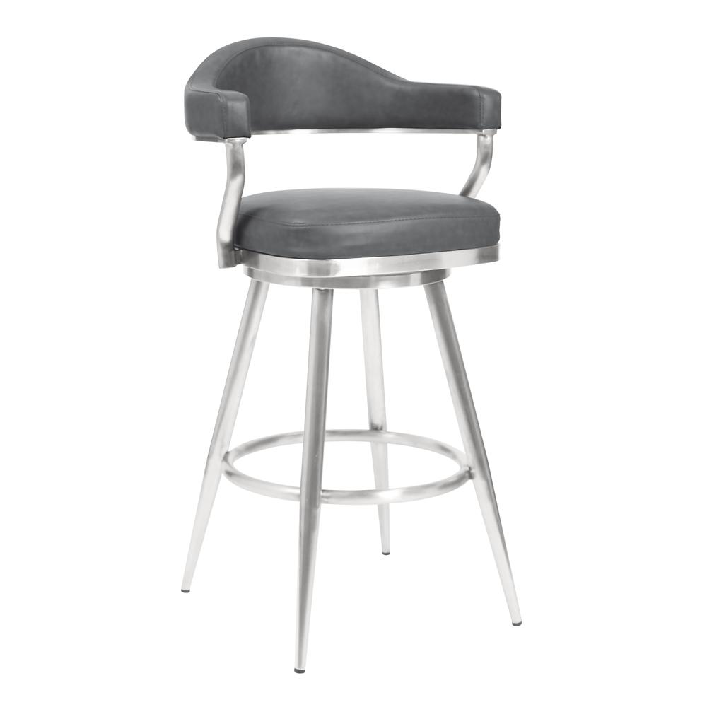 Justin 26" Counter Height Barstool in Brushed Stainless Steel and Vintage Grey Faux Leather. Picture 1