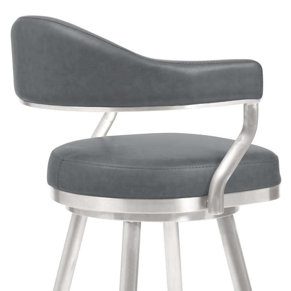 Justin 26" Counter Height Barstool in Brushed Stainless Steel and Vintage Grey Faux Leather. Picture 4