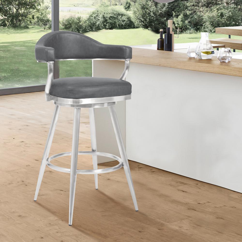 Justin 26" Counter Height Barstool in Brushed Stainless Steel and Vintage Grey Faux Leather. Picture 6