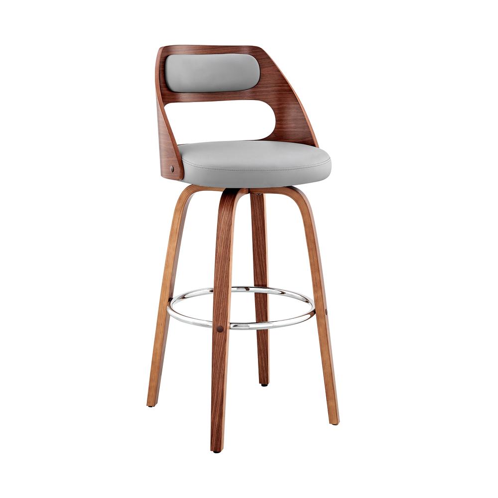 Julius 30" Gray Faux Leather and Walnut Wood Bar Stool. Picture 1