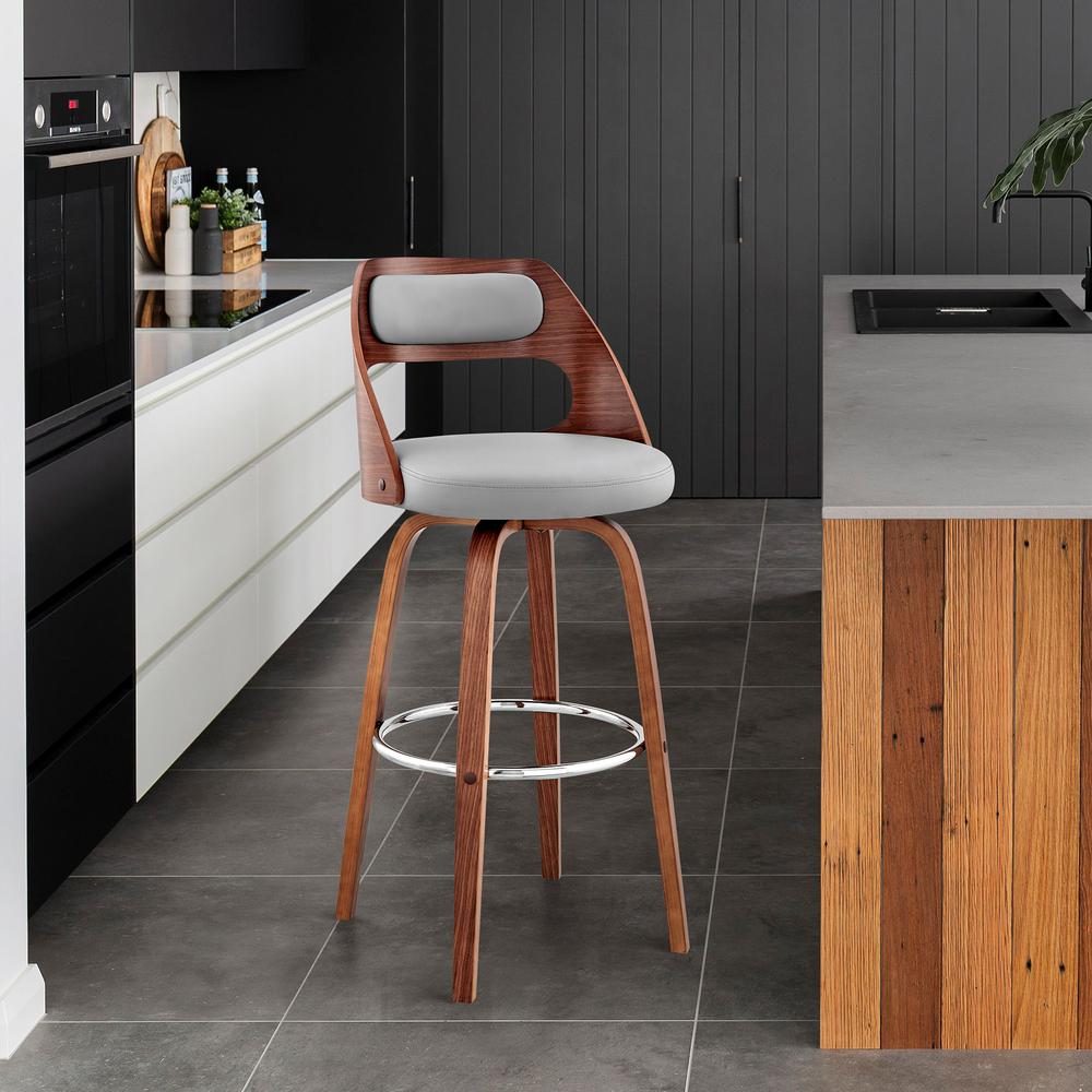 Julius 30" Gray Faux Leather and Walnut Wood Bar Stool. Picture 6