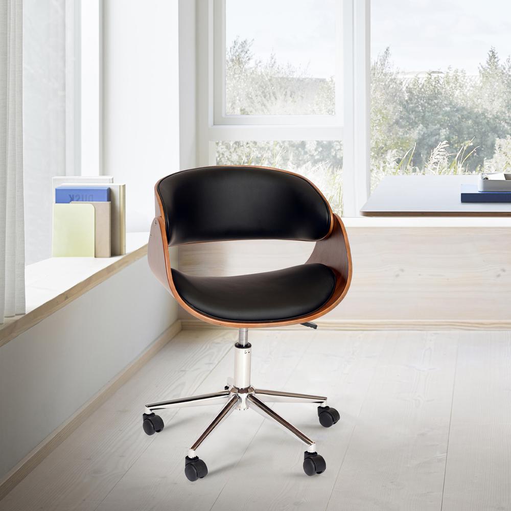 Armen Living Julian Modern Office Chair In Chrome Finish with Black Faux Leather And Walnut Veneer Back. Picture 1