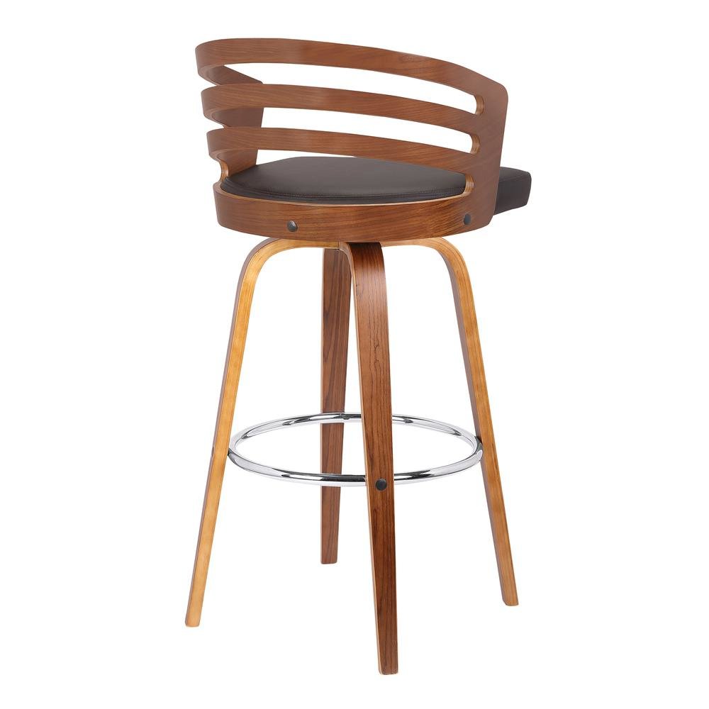 Swivel Counter Bar Stool with Brown Faux Leather and Walnut Veneer Back. Picture 2