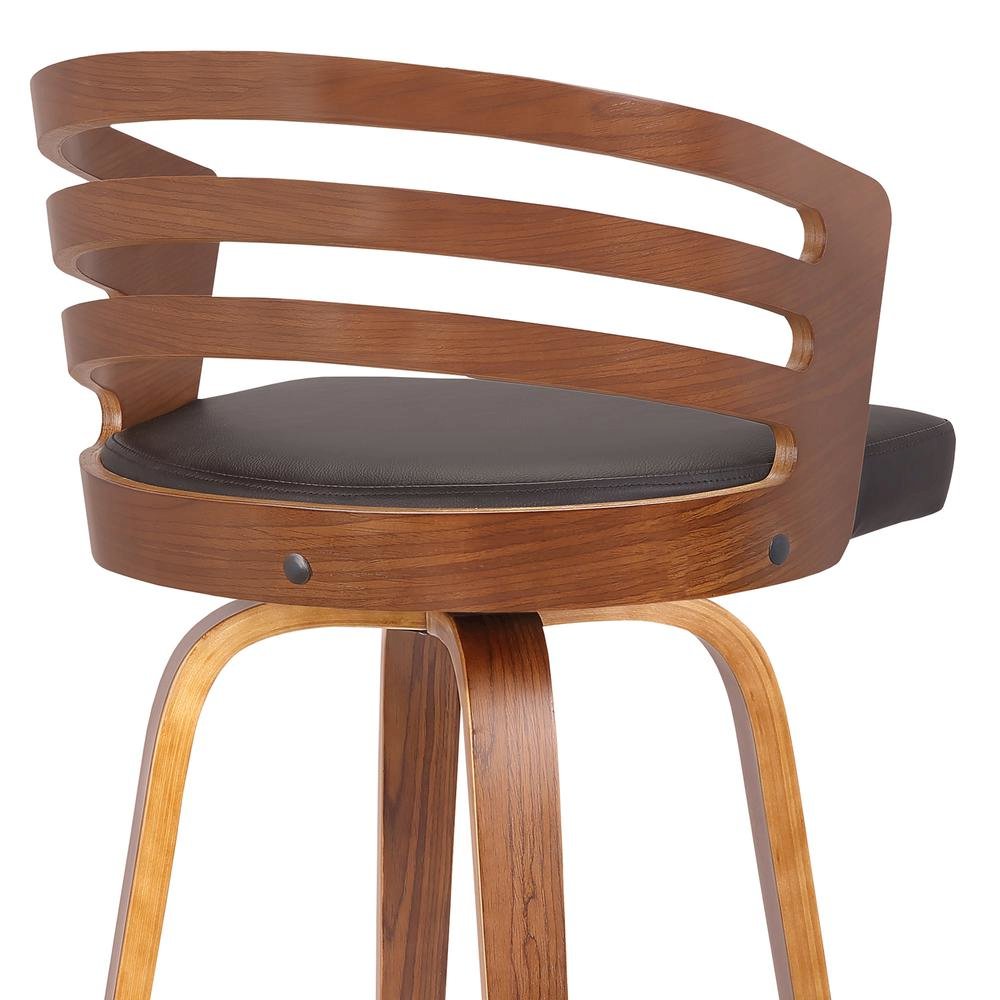 Swivel Counter Bar Stool with Brown Faux Leather and Walnut Veneer Back. Picture 4