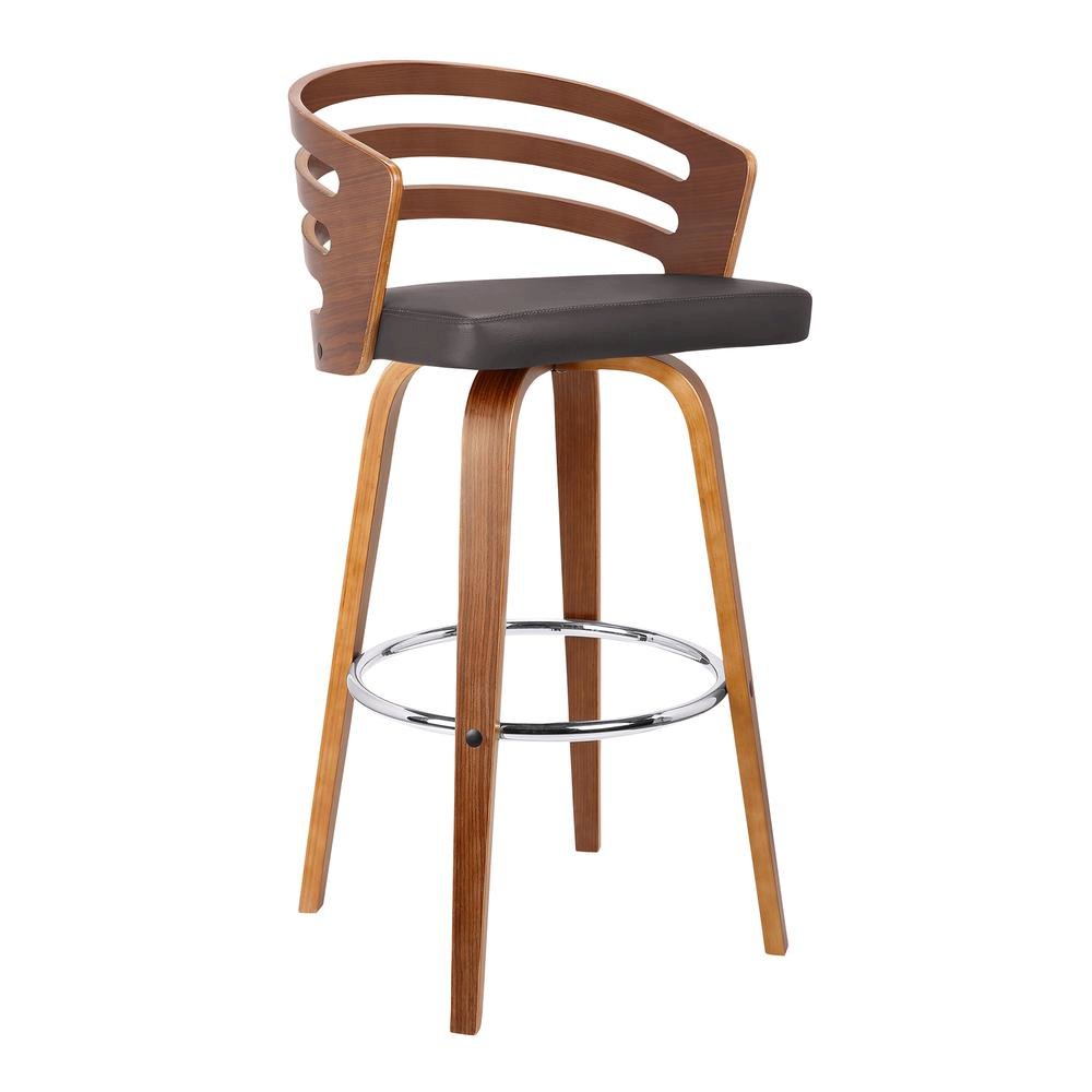 Swivel Counter Bar Stool with Brown Faux Leather and Walnut Veneer Back. Picture 1