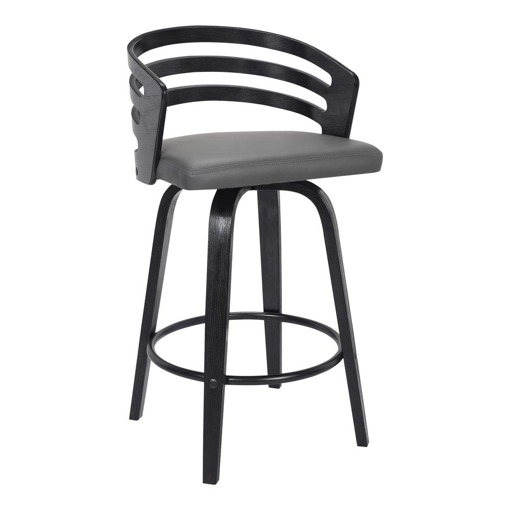 Jayden Contemporary 26" Counter Height Swivel Barstool in Black Brush Wood Finish and Grey Faux Leather. Picture 1