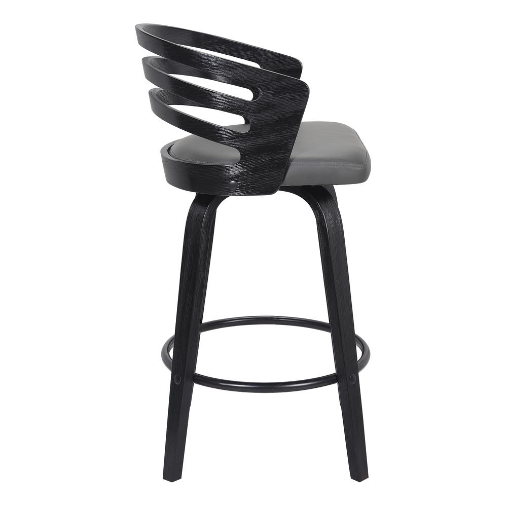 Jayden Contemporary 26" Counter Height Swivel Barstool in Black Brush Wood Finish and Grey Faux Leather. Picture 2