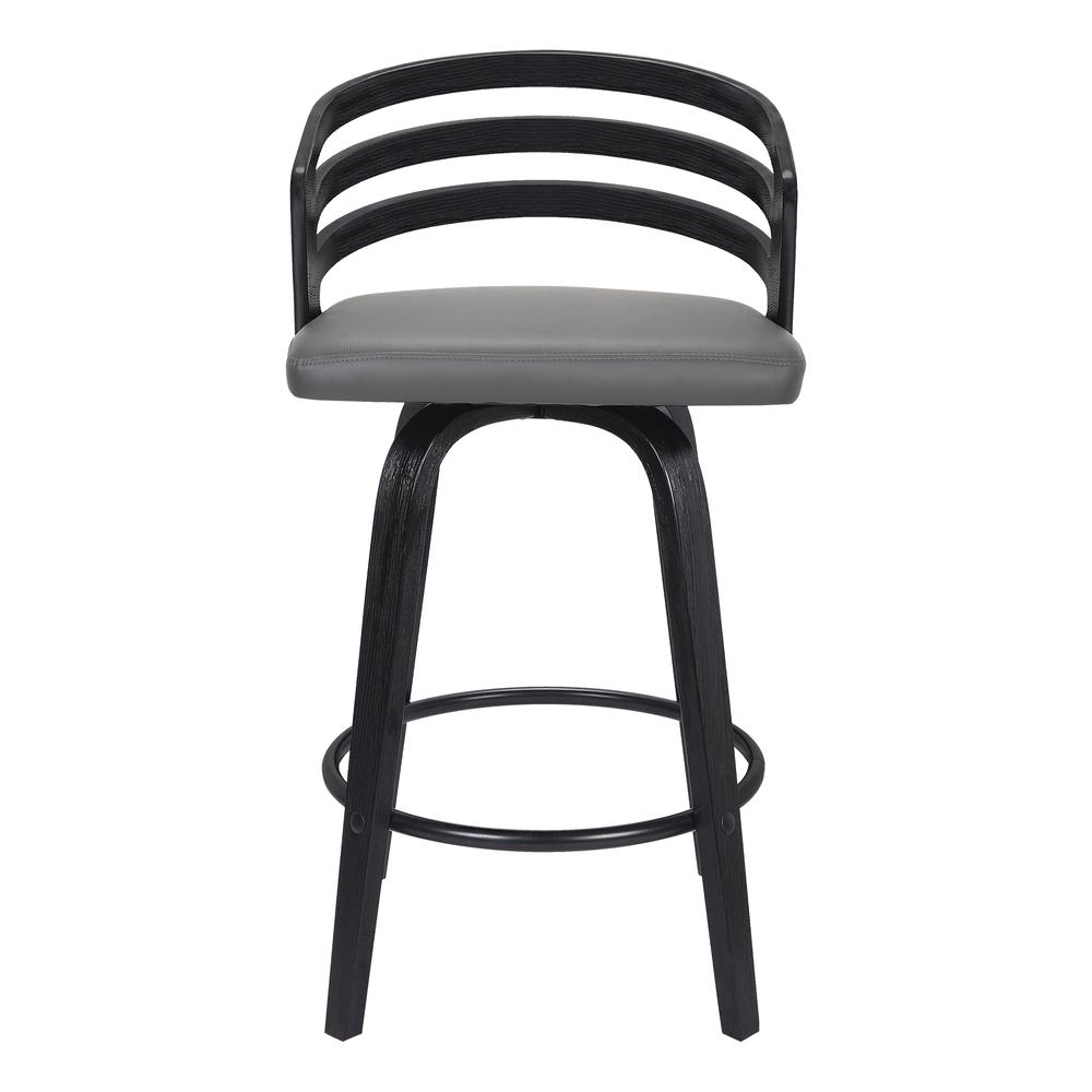 Jayden Contemporary 26" Counter Height Swivel Barstool in Black Brush Wood Finish and Grey Faux Leather. Picture 3
