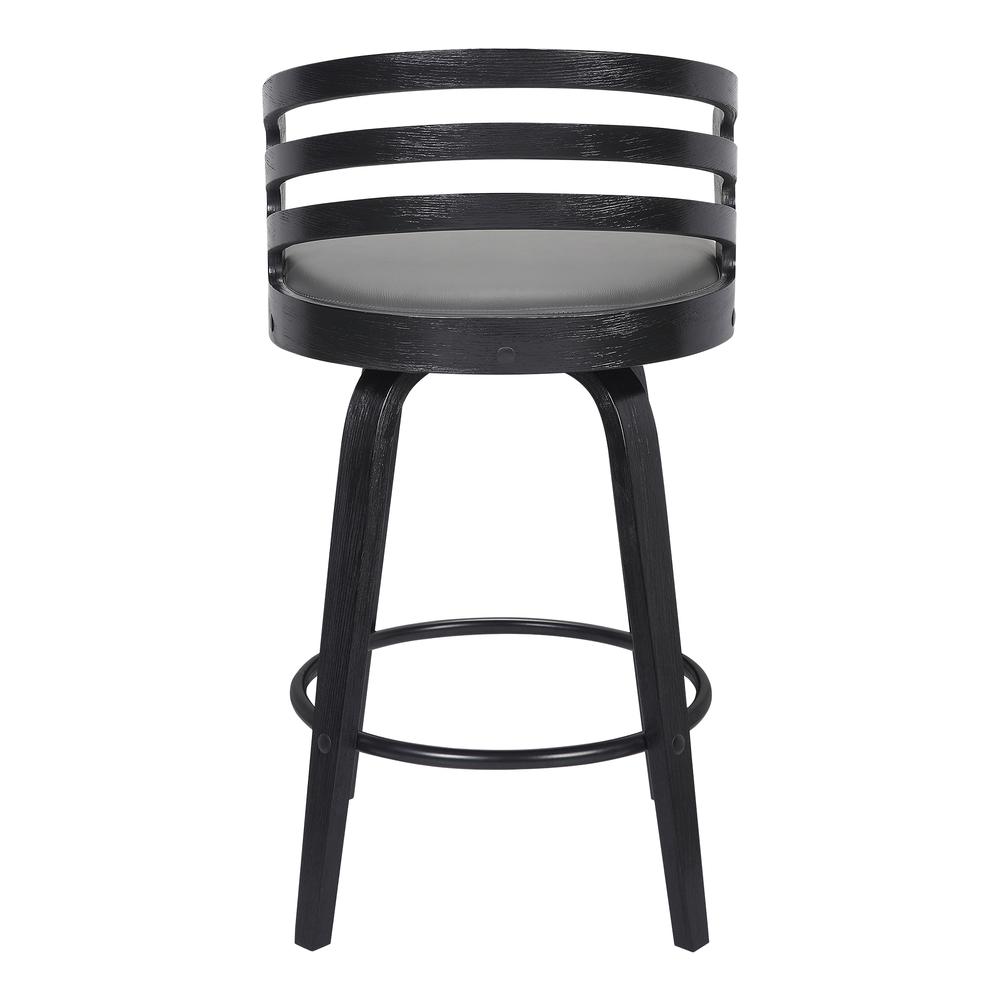 Jayden Contemporary 26" Counter Height Swivel Barstool in Black Brush Wood Finish and Grey Faux Leather. Picture 4