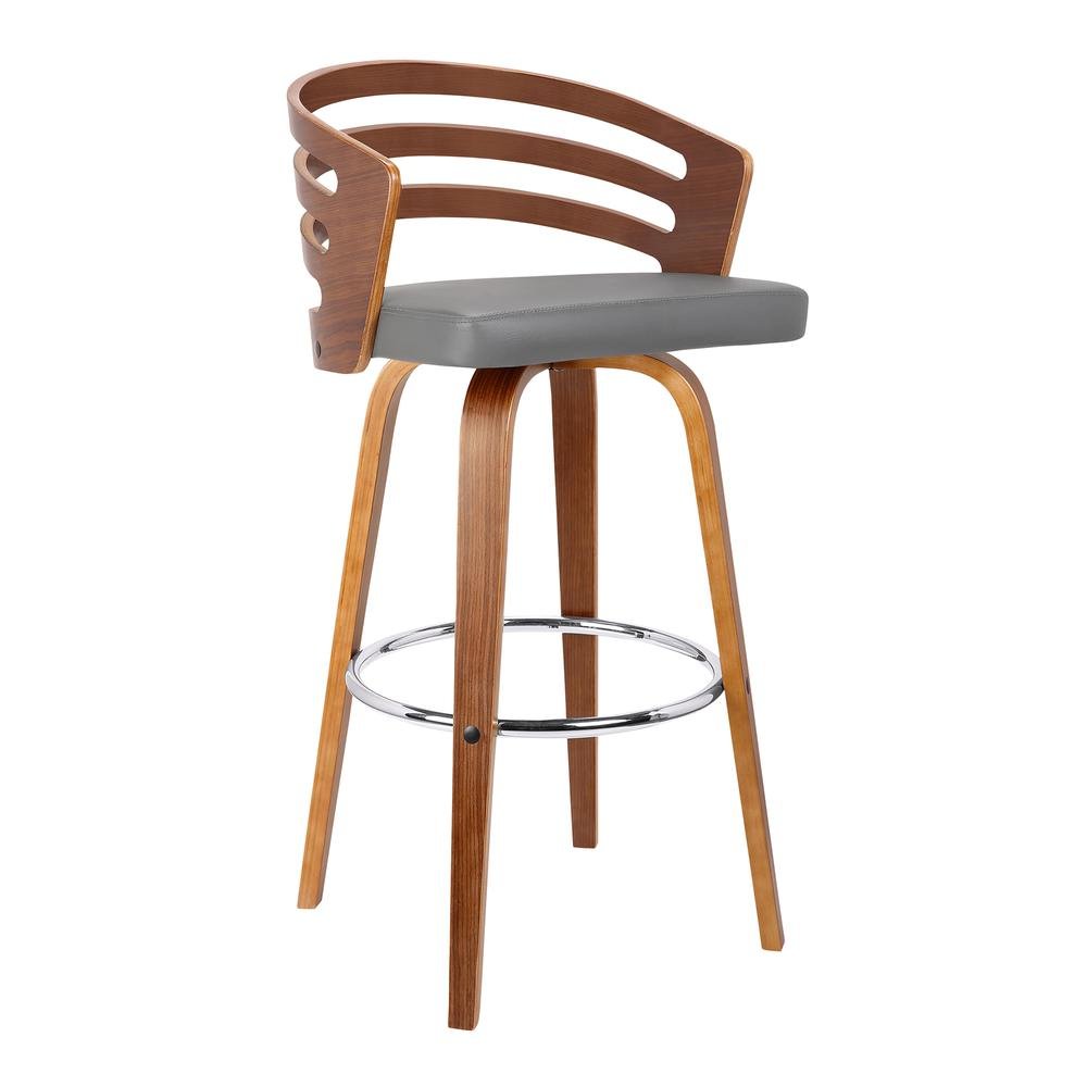 Swivel Counter Bar Stool with Grey Faux Leather and Walnut Veneer Back. Picture 1