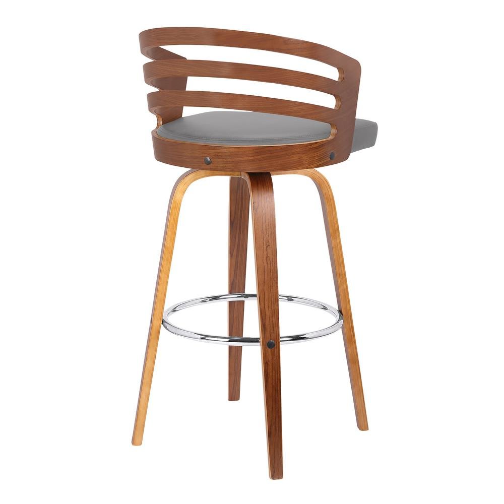 Swivel Counter Bar Stool with Grey Faux Leather and Walnut Veneer Back. Picture 2