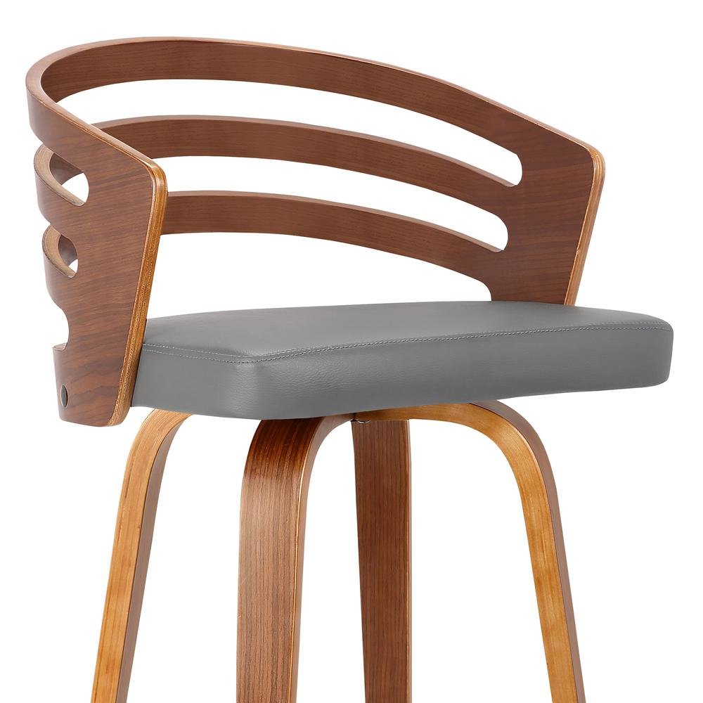 Swivel Counter Bar Stool with Grey Faux Leather and Walnut Veneer Back. Picture 3
