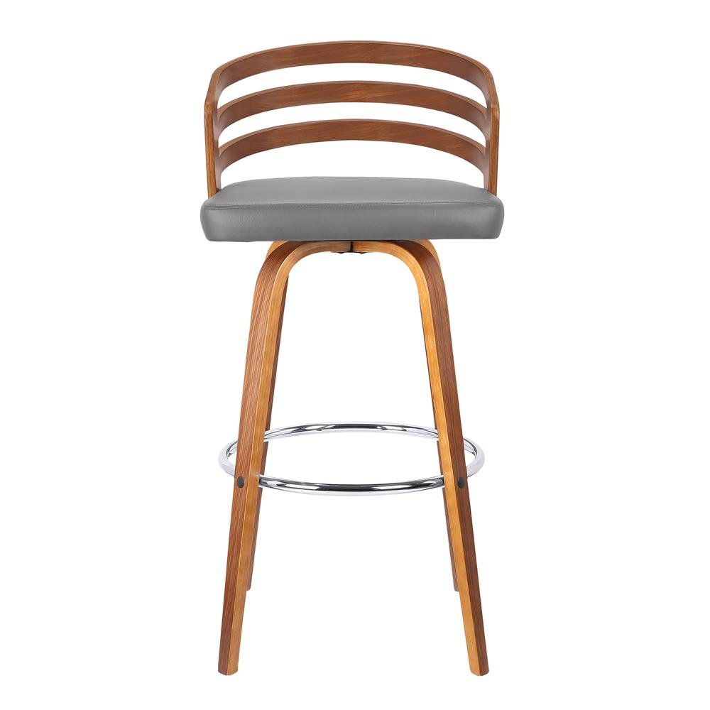 Swivel Counter Bar Stool with Grey Faux Leather and Walnut Veneer Back. Picture 5