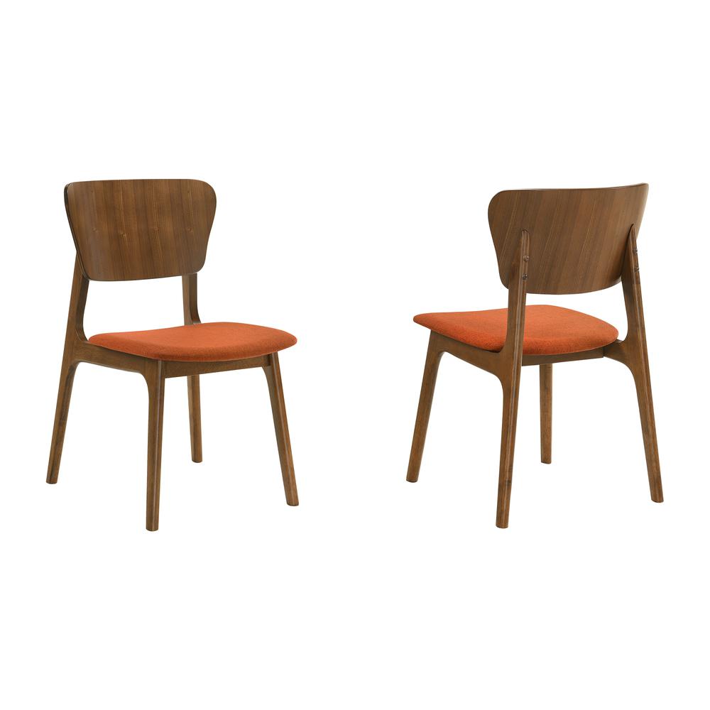 Kalia Wood Dining Chair in Walnut Finish with Orange Fabric - Set of 2. Picture 1