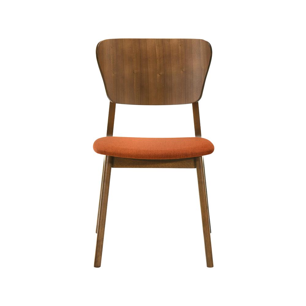 Kalia Wood Dining Chair in Walnut Finish with Orange Fabric - Set of 2. Picture 3