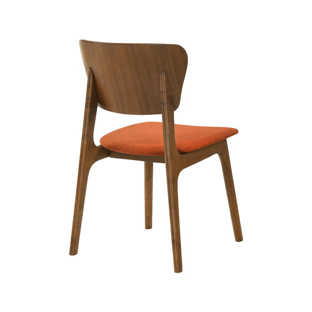 Kalia Wood Dining Chair in Walnut Finish with Orange Fabric - Set of 2. Picture 4
