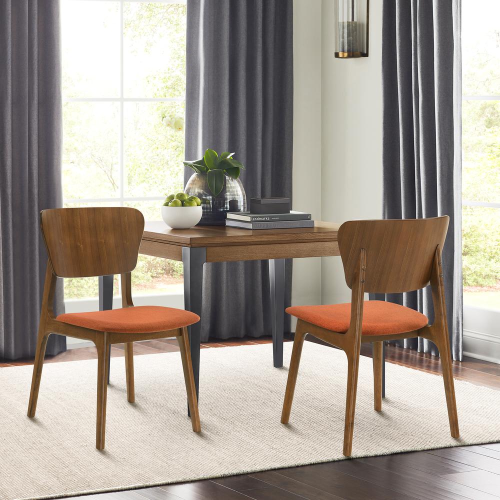 Kalia Wood Dining Chair in Walnut Finish with Orange Fabric - Set of 2. Picture 8