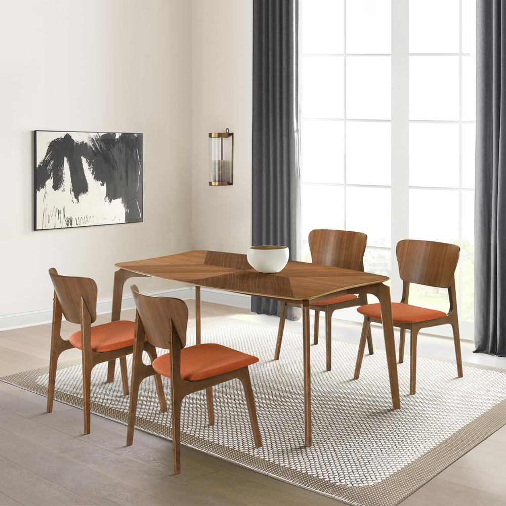 Kalia Wood Dining Chair in Walnut Finish with Orange Fabric - Set of 2. Picture 9