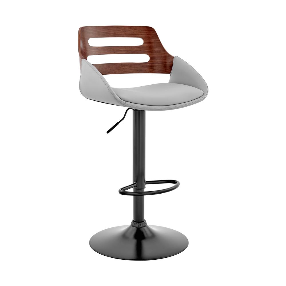Karter Adjustable Gray Faux Leather and Walnut Wood Bar Stool with Black Base. Picture 1