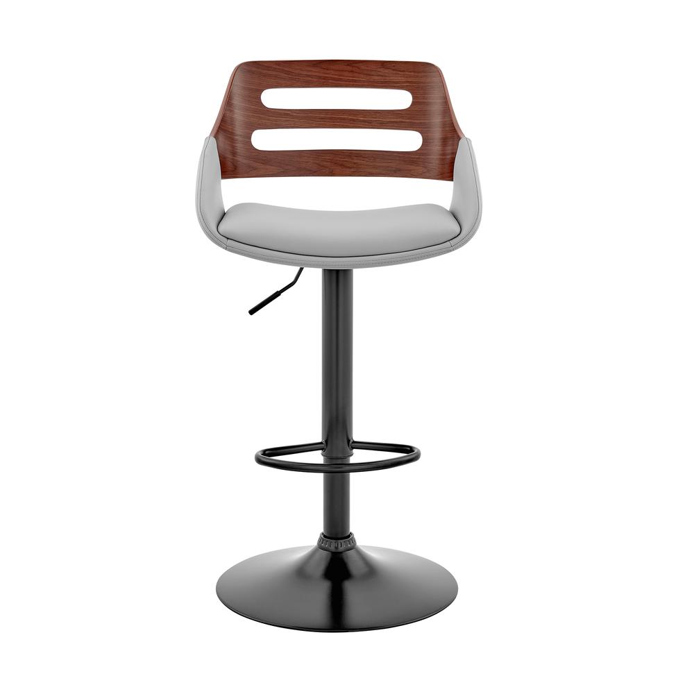Karter Adjustable Gray Faux Leather and Walnut Wood Bar Stool with Black Base. Picture 2