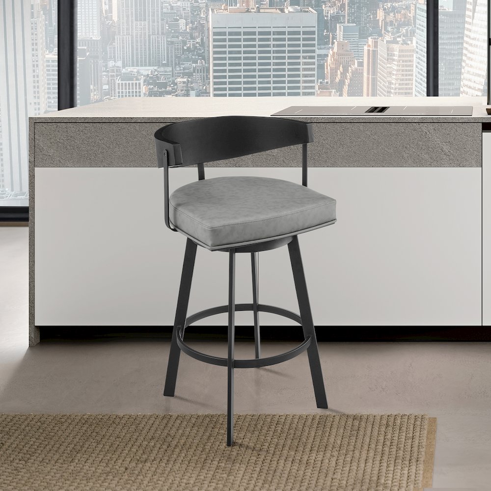 Lacey 26" Swivel Counter Stool in Black Iron with Black Walnut Finish. Picture 10