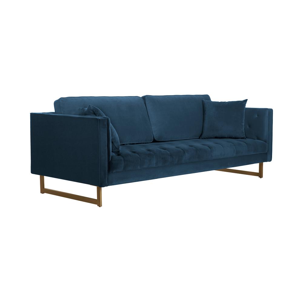 Lenox Blue Velvet Modern Sofa with Brass Legs, Natural Color. Picture 1