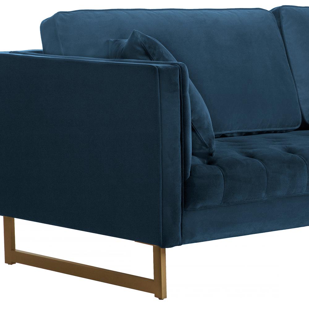 Lenox Blue Velvet Modern Sofa with Brass Legs, Natural Color. Picture 3