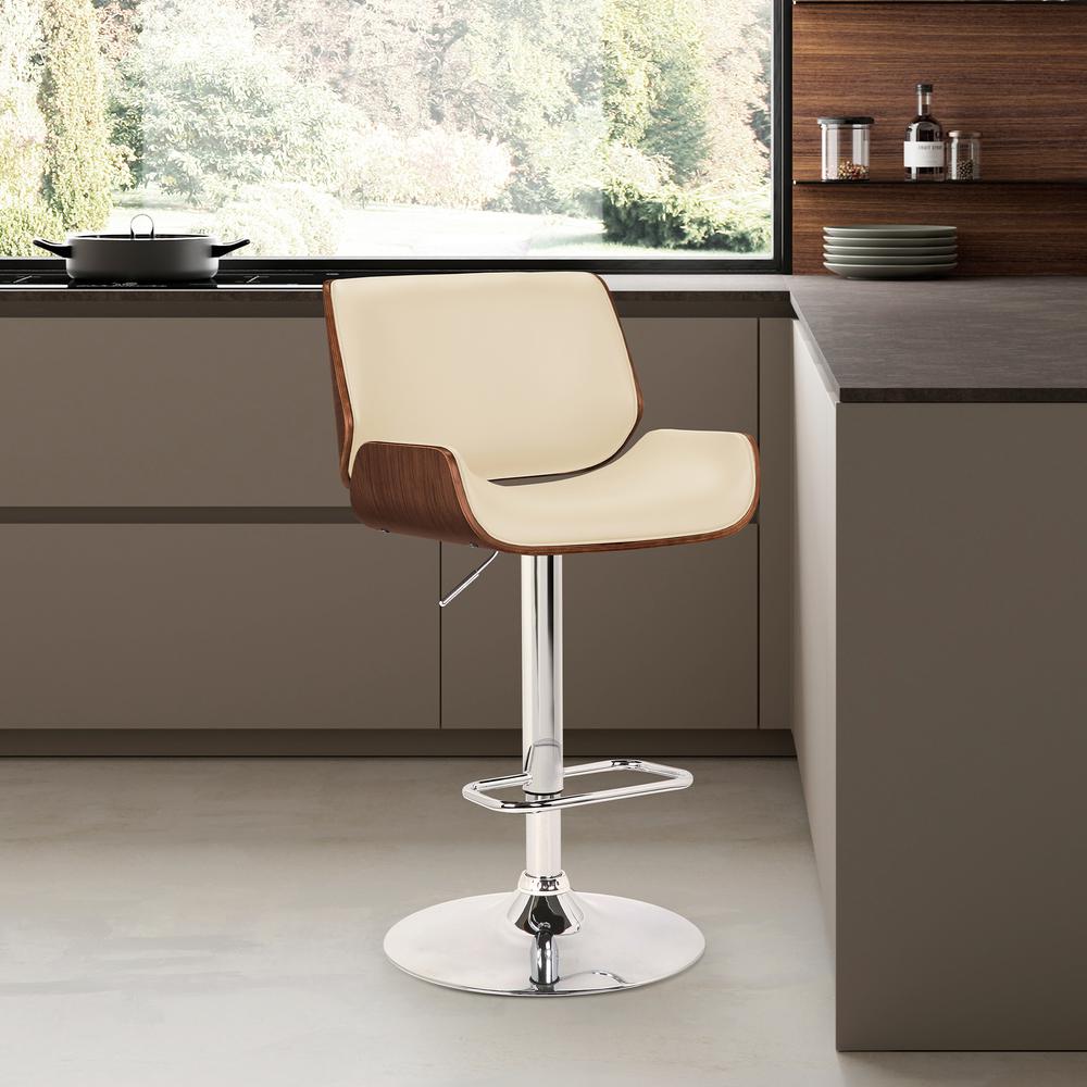 Armen Living London Swivel Barstool In Cream PU/ Walnut Veneer and Chrome Base. Picture 4