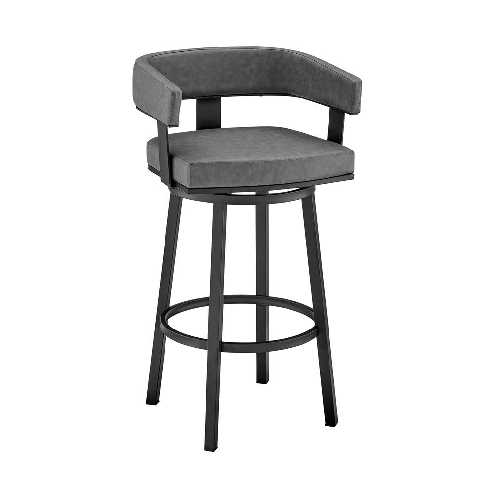 Lorin 26" Counter Height Swivel Bar Stool in Black Finish and Gray Faux Leather. Picture 1