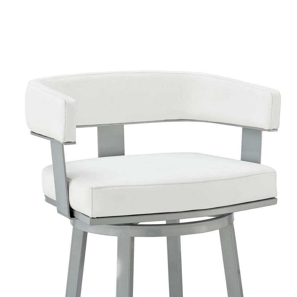 Lorin 26" Counter Height Swivel Bar Stool in Silver Finish with White Faux Leather. Picture 6
