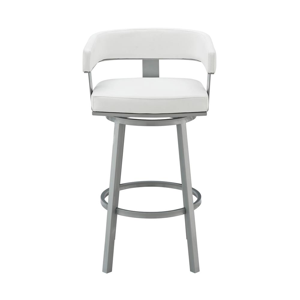 Lorin 30" Bar Height Swivel Bar Stool in Silver Finish with White Faux Leather. Picture 2