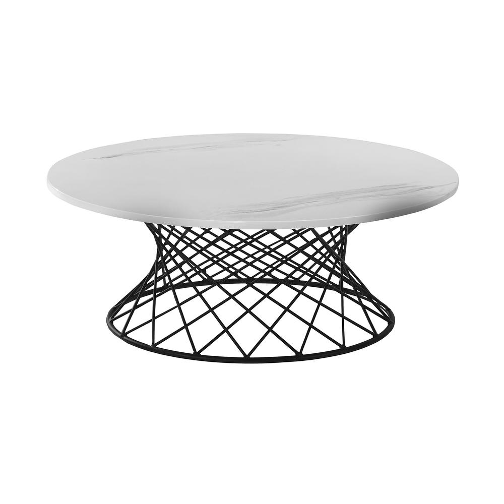Loxley White Marble Coffee Table with Black Metal Base. Picture 1