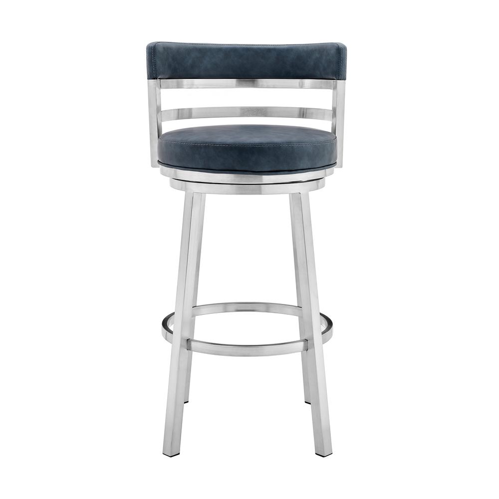 Madrid Contemporary 30" Counter Height Barstool in Brushed Stainless Steel Finish and Blue Faux Leather. Picture 1