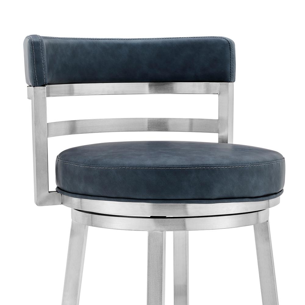 Madrid Contemporary 30" Counter Height Barstool in Brushed Stainless Steel Finish and Blue Faux Leather. Picture 3