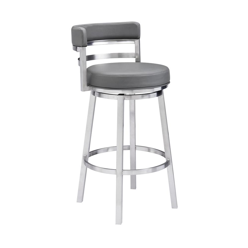 Madrid Contemporary 26" Counter Height Barstool in Brushed Stainless Steel Finish and Grey Faux Leather. Picture 1