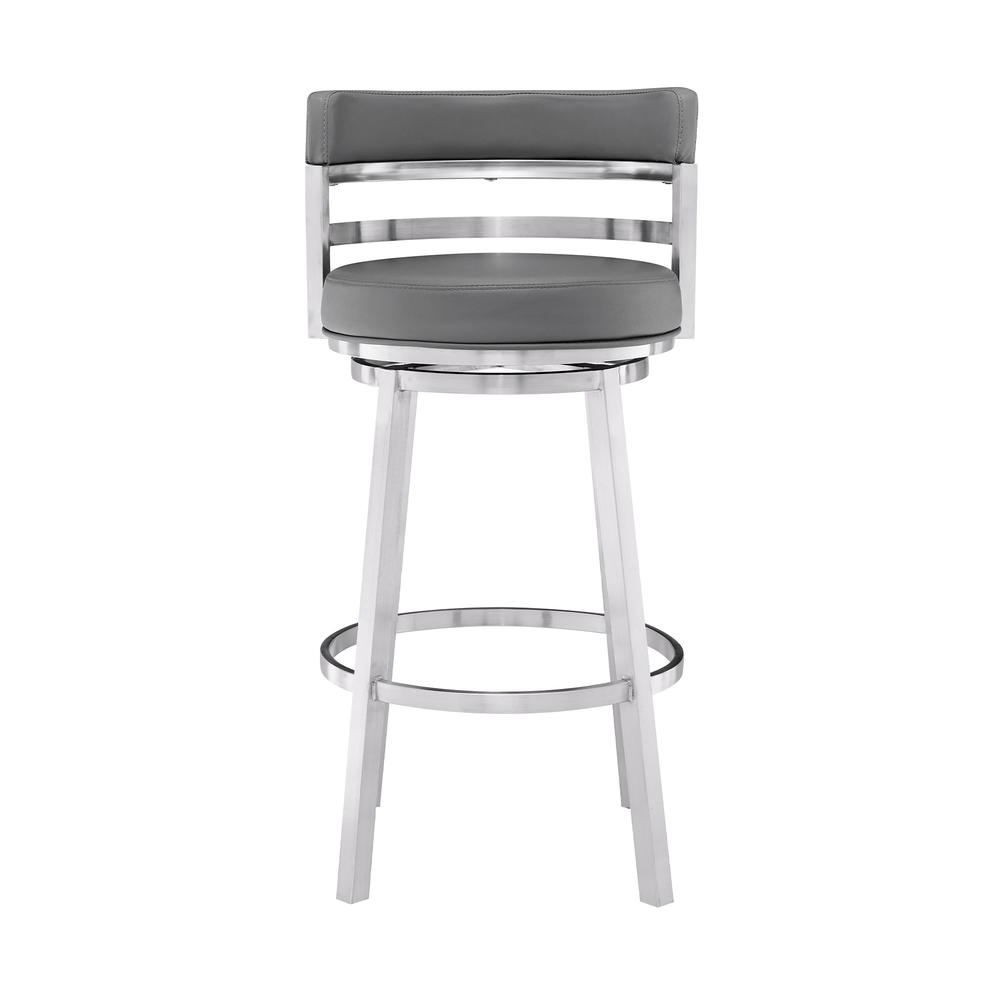 Madrid Contemporary 26" Counter Height Barstool in Brushed Stainless Steel Finish and Grey Faux Leather. Picture 2