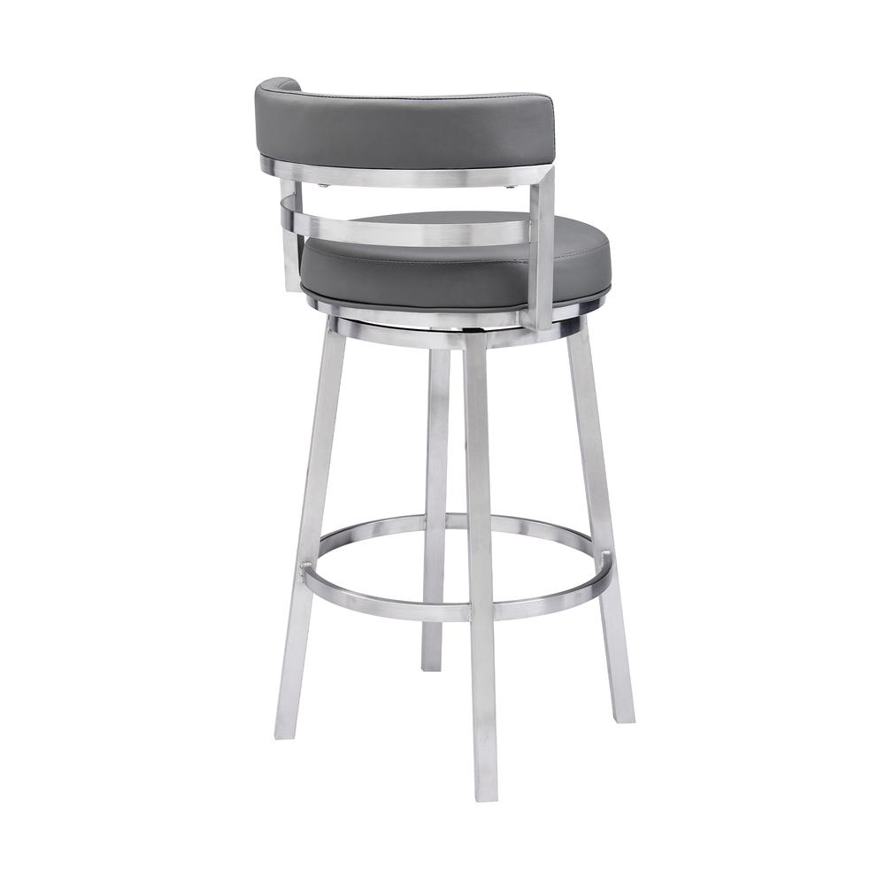 Madrid Contemporary 26" Counter Height Barstool in Brushed Stainless Steel Finish and Grey Faux Leather. Picture 3