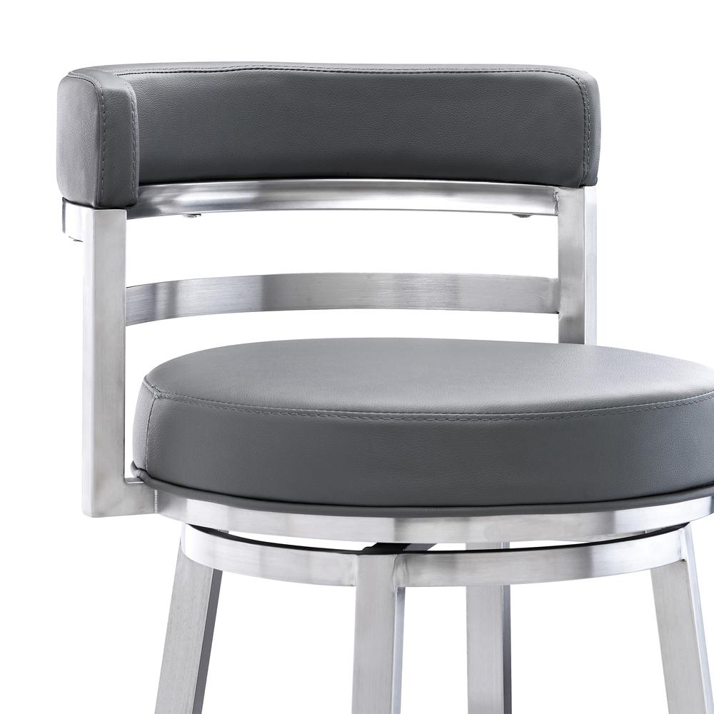 Madrid Contemporary 26" Counter Height Barstool in Brushed Stainless Steel Finish and Grey Faux Leather. Picture 4