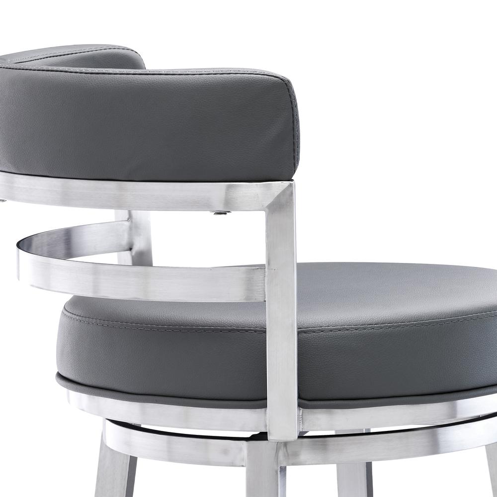 Madrid Contemporary 26" Counter Height Barstool in Brushed Stainless Steel Finish and Grey Faux Leather. Picture 5