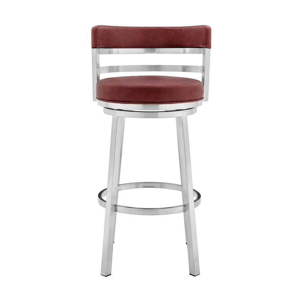 Madrid Contemporary 26" Counter Height Barstool in Brushed Stainless Steel Finish and Red Faux Leather. Picture 1