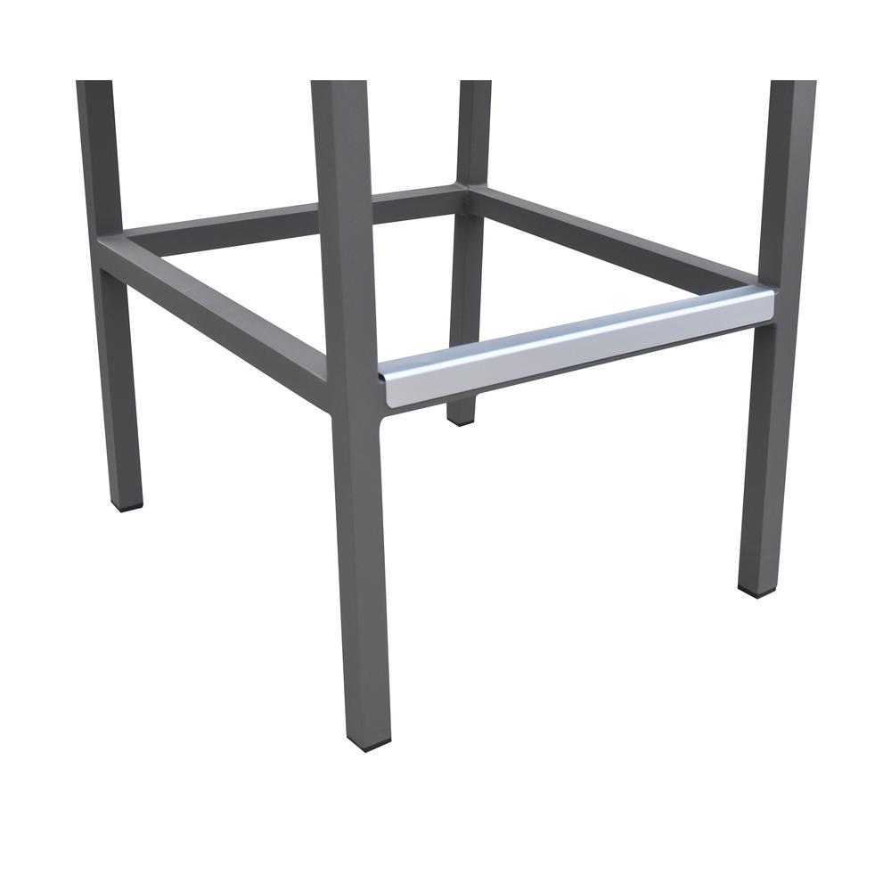 Marina Outdoor Patio Barstool in Grey Powder Coated Finish with Grey Sling Textilene and Grey Wood Accent Arms. Picture 5