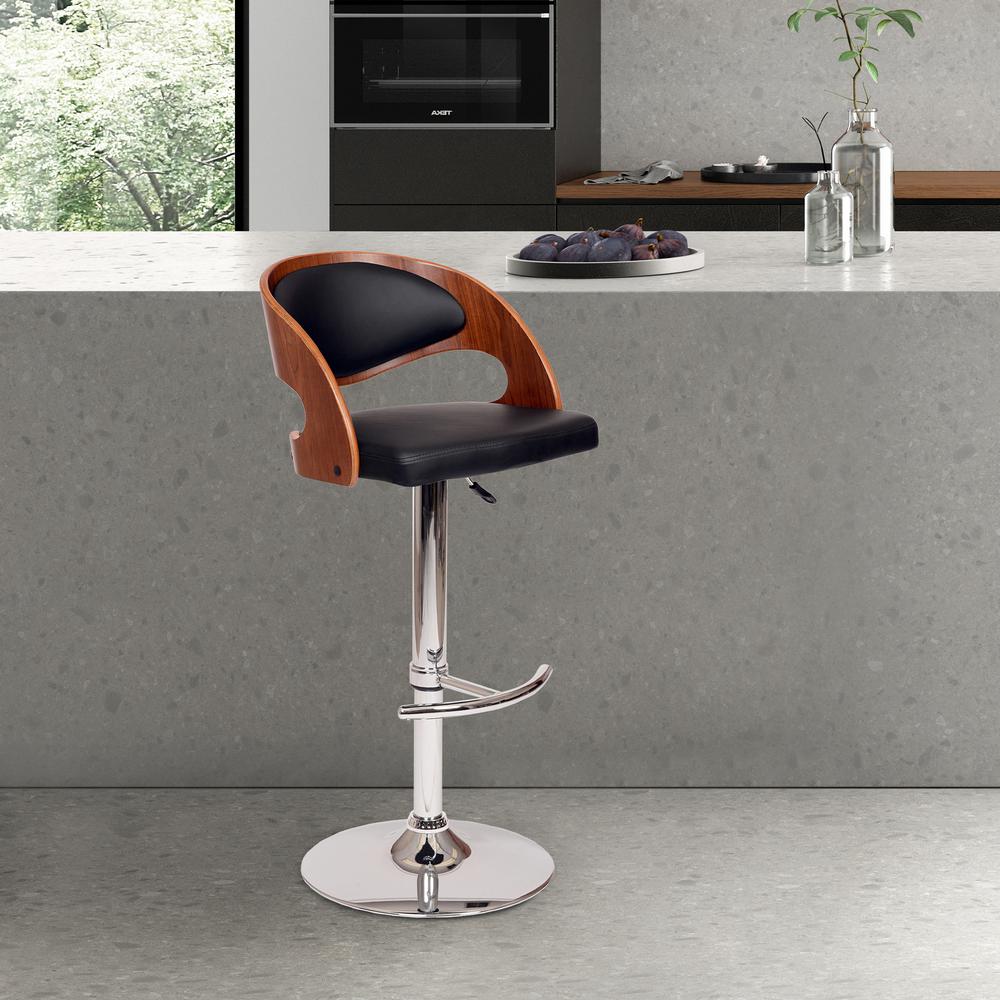 Armen Living Malibu Swivel Barstool In Black PU/ Walnut Veneer and Chrome Base. Picture 1