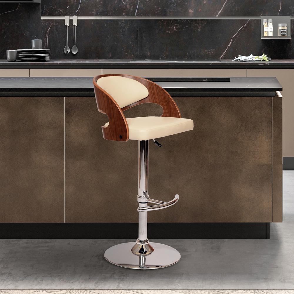 Armen Living Malibu Swivel Barstool In Cream PU/ Walnut Veneer and Chrome Base. Picture 4