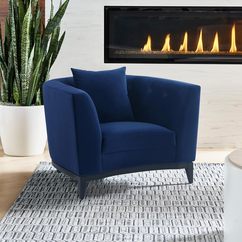 Melange Blue Fabric Upholstered Accent Chair with Black Wood Base. Picture 2